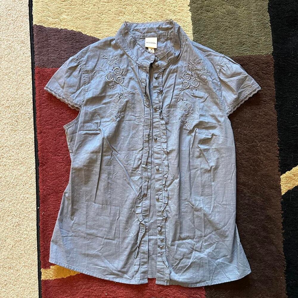 y2k merona purple button down blouse lace and embroidery girly 100% cotton 2000s